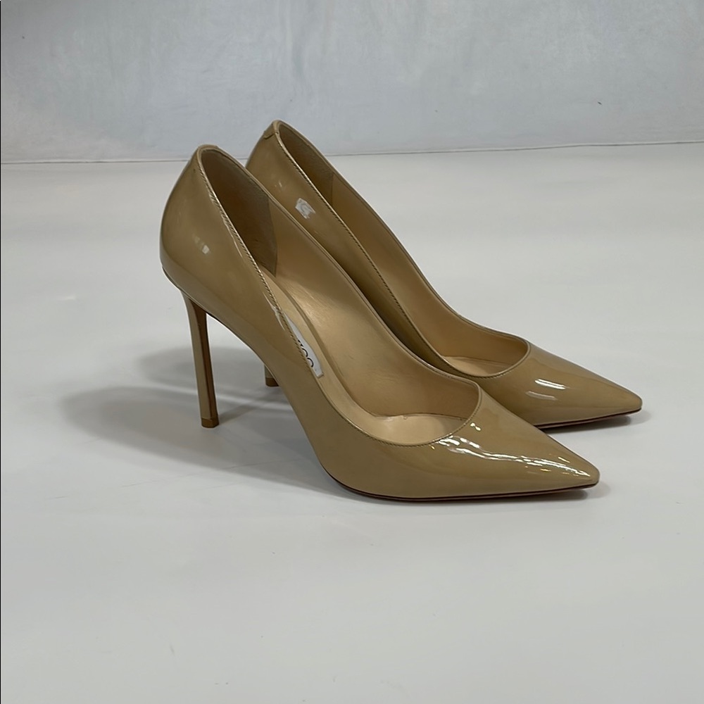 Jimmy Choo Stiletto Heels Nude Patent Leather 39.5 Made In Italy EUC